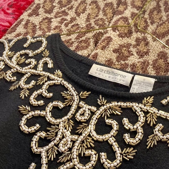 Vintage Liz Claiborne black Baroque beaded lambswool crewneck sweater size small - Picture 4 of 10